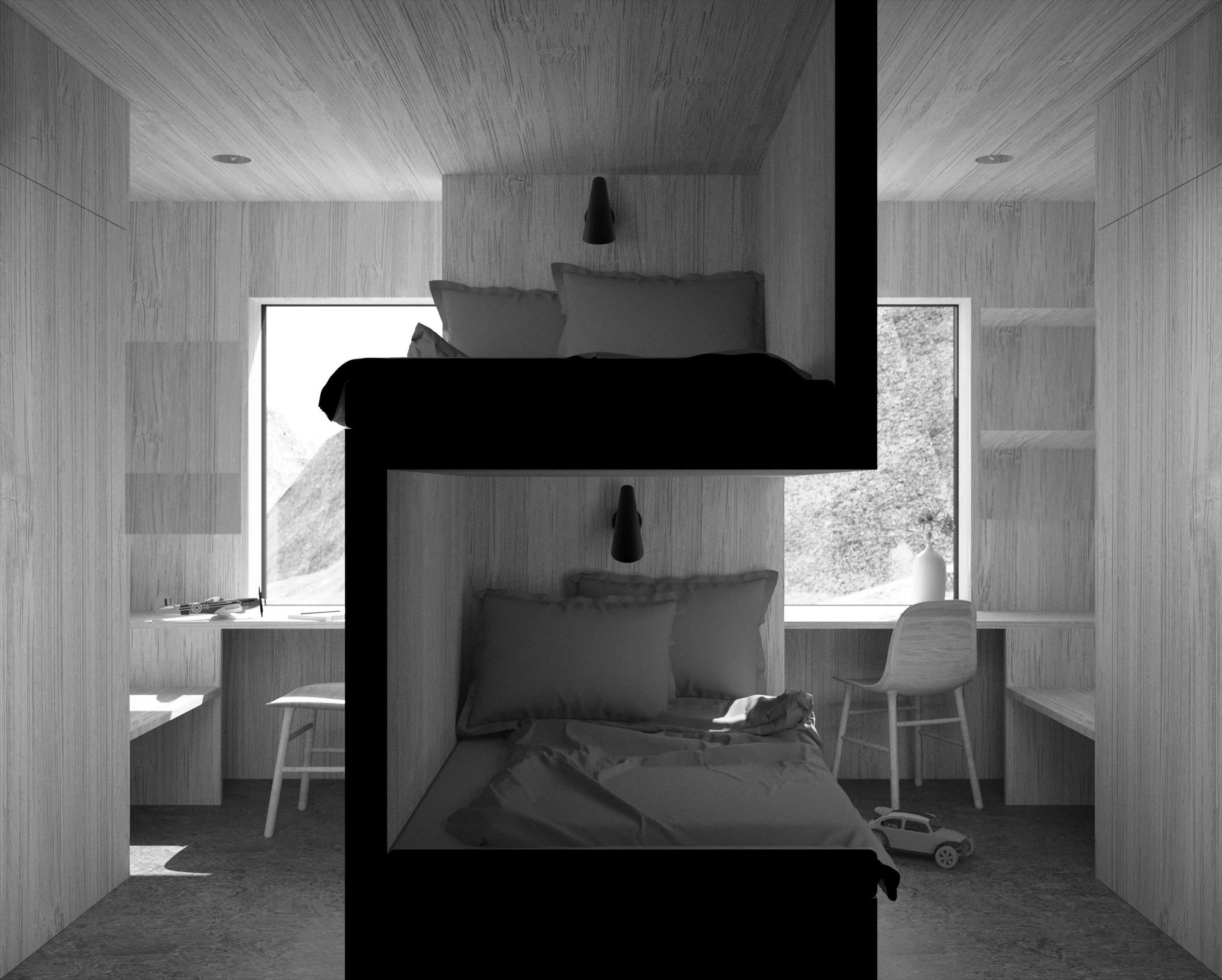 A room, a desk under each window and the beds in the shared core